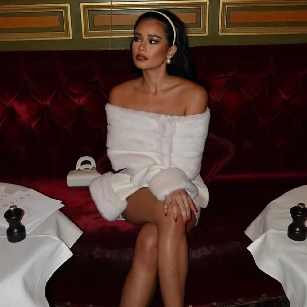 Sierra Darien Luxe ivory white faux fur matching 2 piece mini skirt & blazer set - Picture 11 of 13